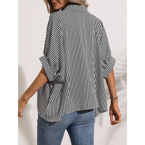 boho minimalist preppy Striped black white button up Batwing Sleeve Shirt - Picture 2 of 11